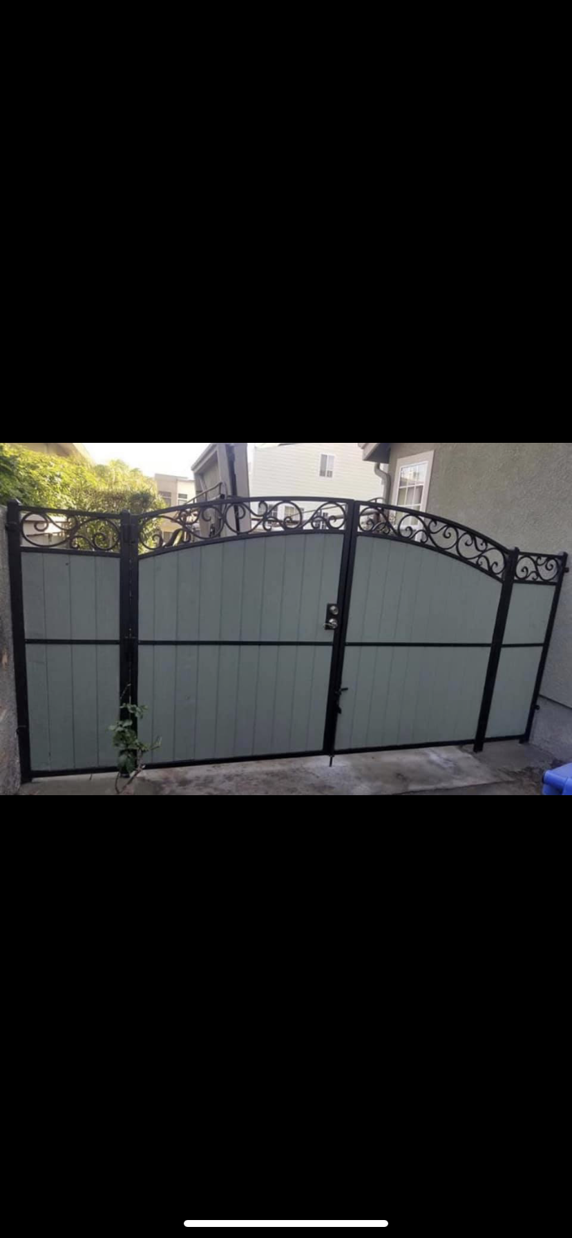 Wood & Iron Double Gate with Scrollwork Arch