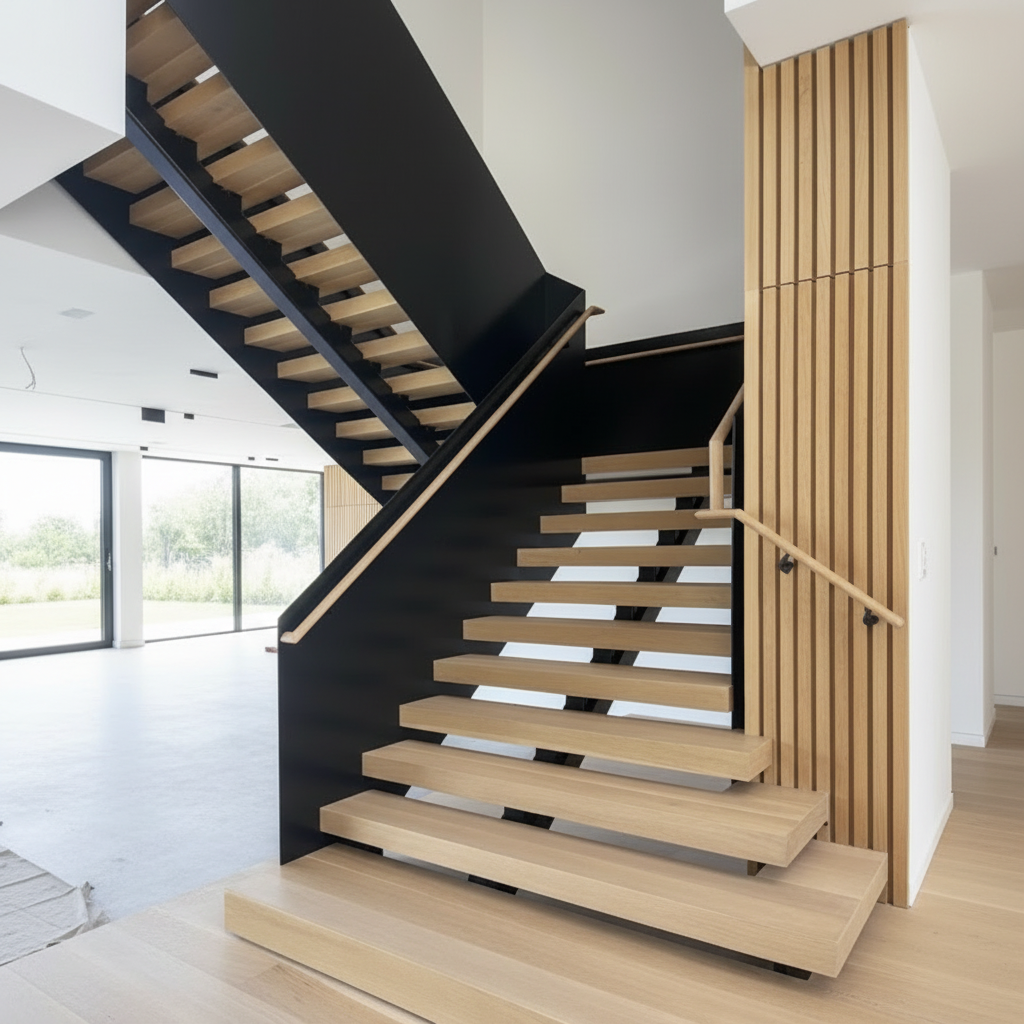 Modern Floating Oak & Steel Staircase — commercial iron work by Xtreme Iron Work