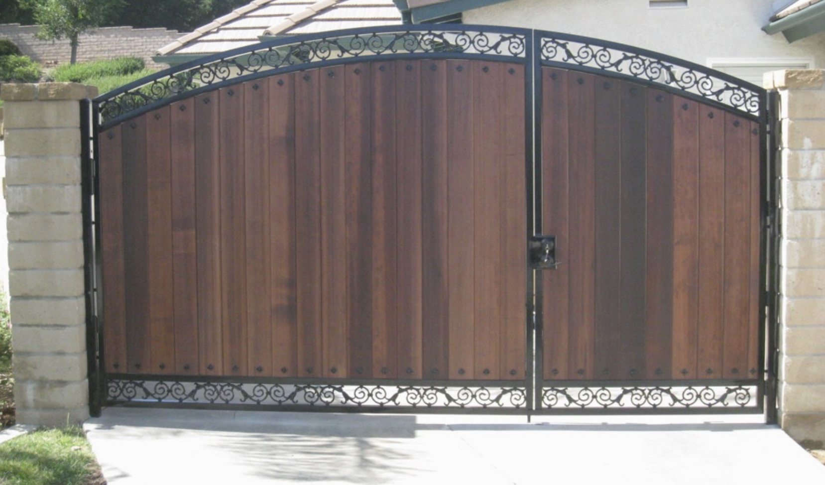 Bronze Steel & Wood Privacy Gate with Scrollwork
