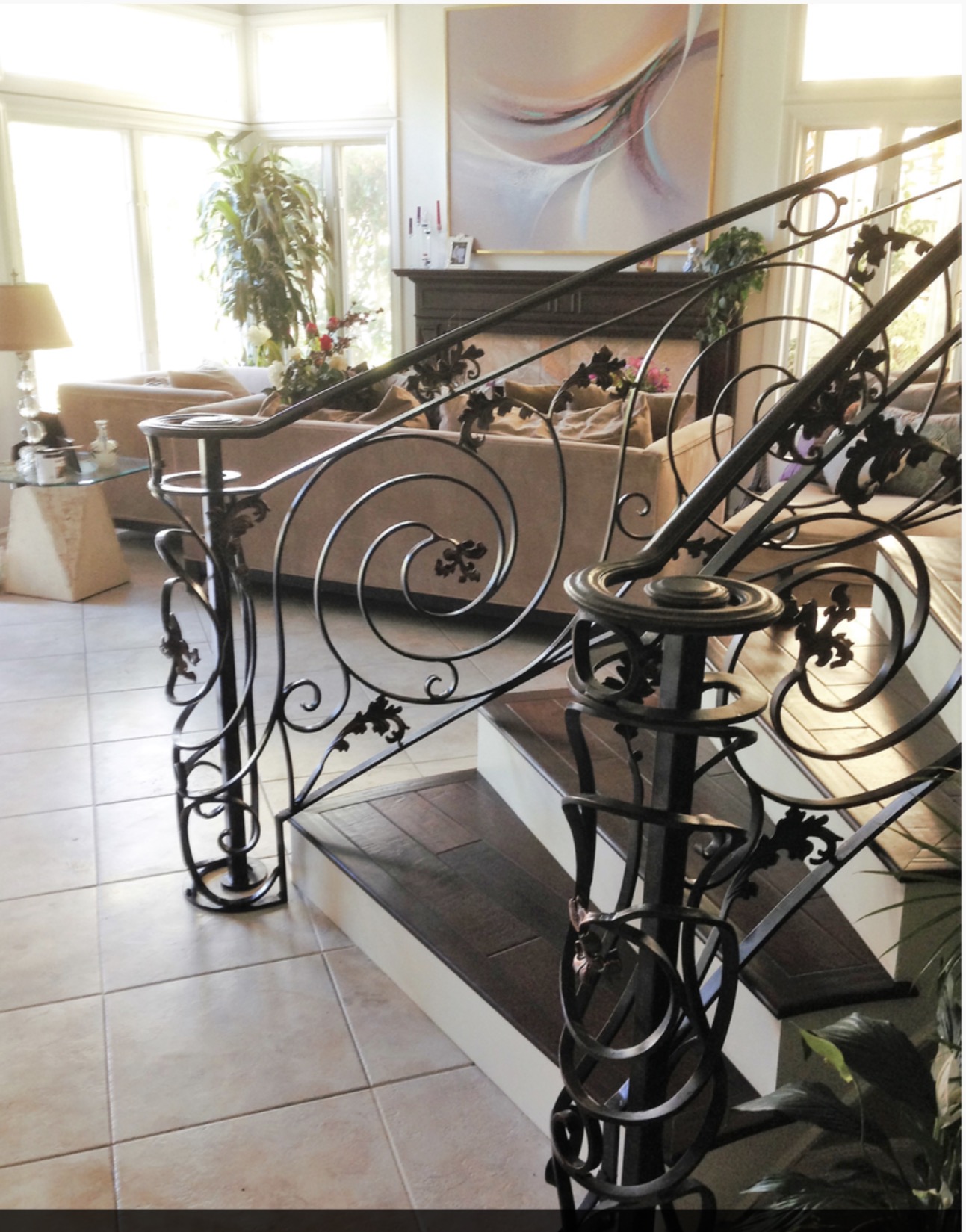 Heavy Scrollwork Landing Railing with Leaf Accents
