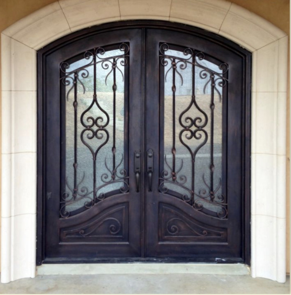 Classic Double Iron Door with Arched Glass Panels