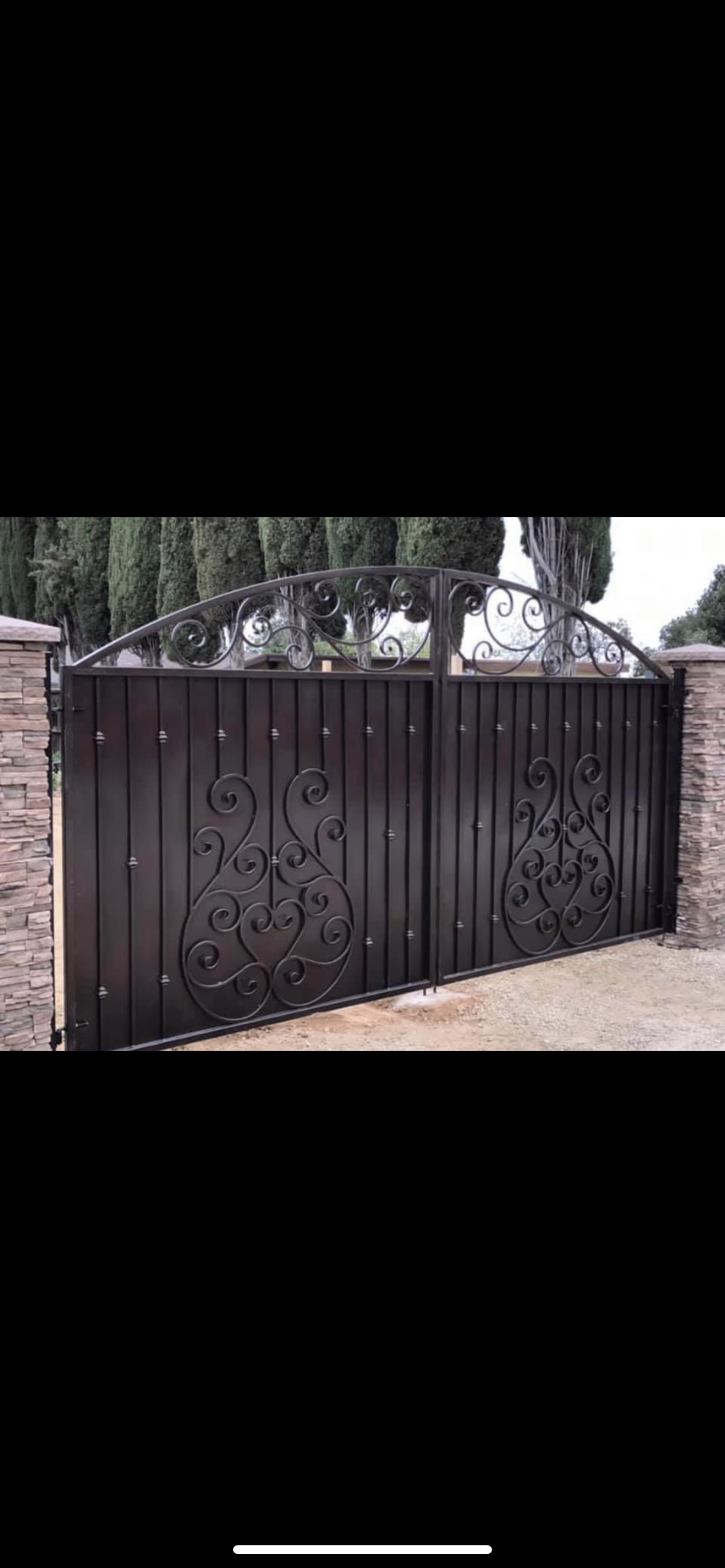 Iron Driveway Gate with Floral Scrollwork Panels