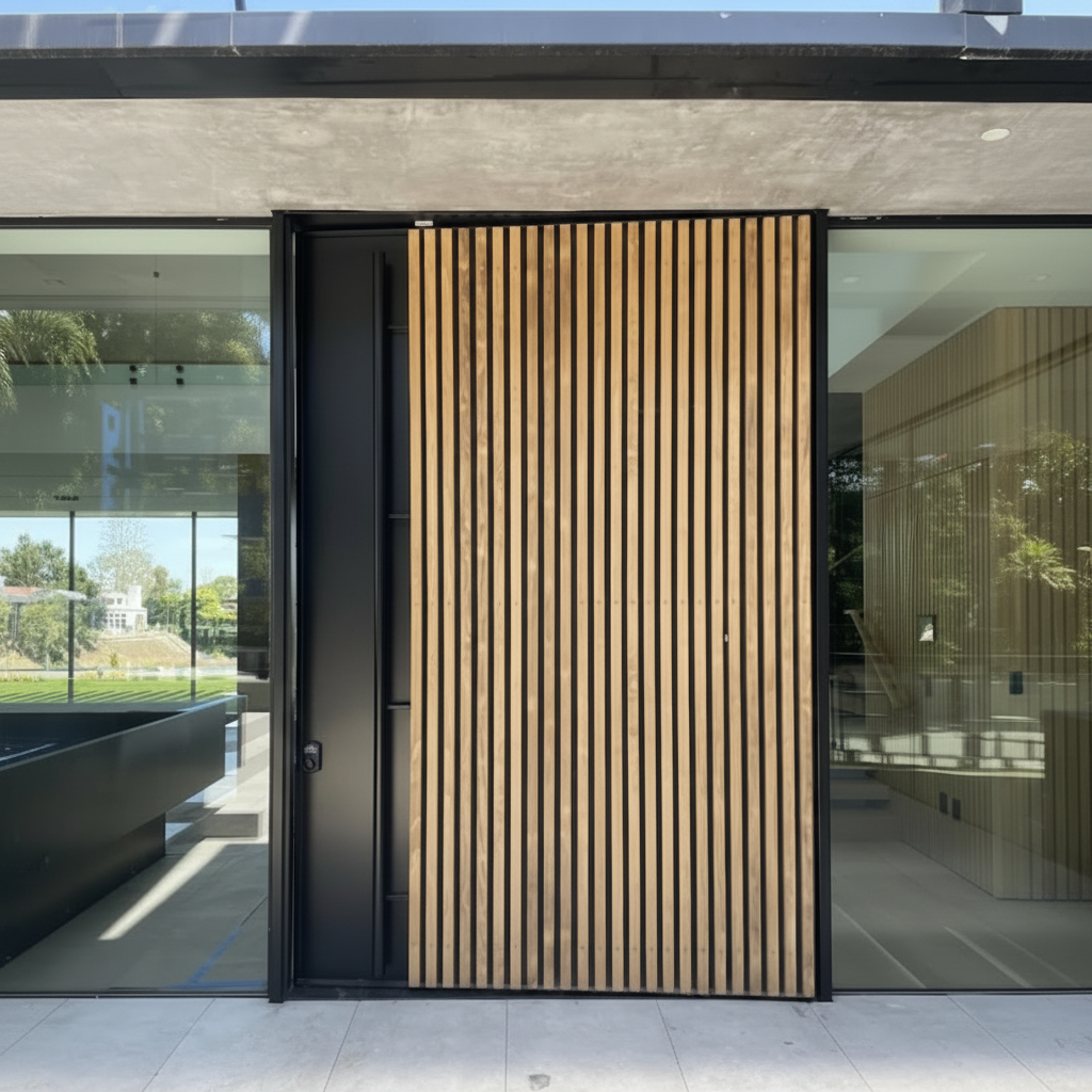 Modern Wood Slat Iron Entry Door — commercial iron work by Xtreme Iron Work