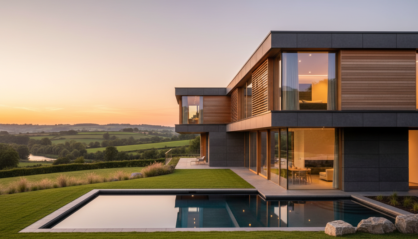 Modern architectural home at golden hour