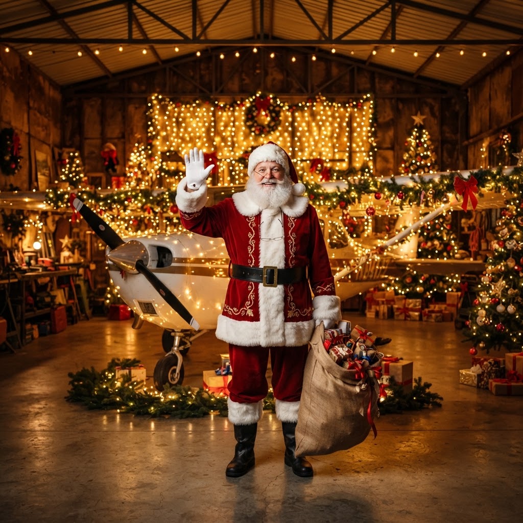 Santa Claus standing in front of a decorated airplane in the hangar