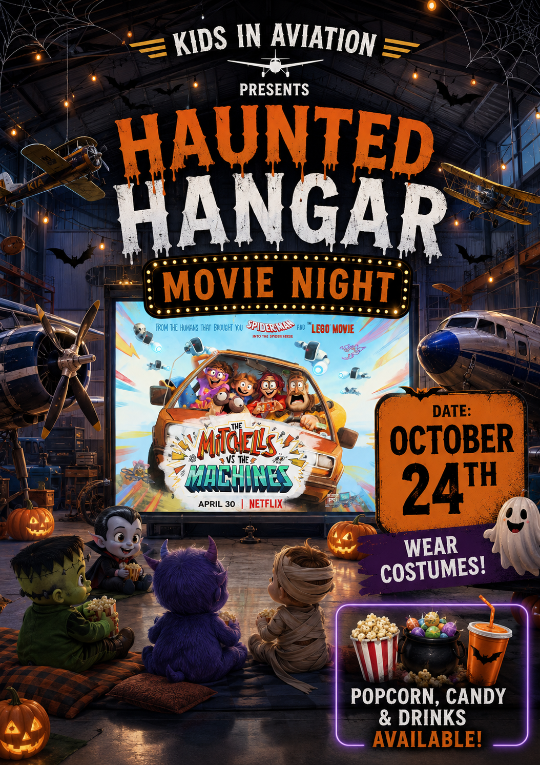 Haunted Hangar Movie Night poster — October 24th, 6pm at Falcon Field