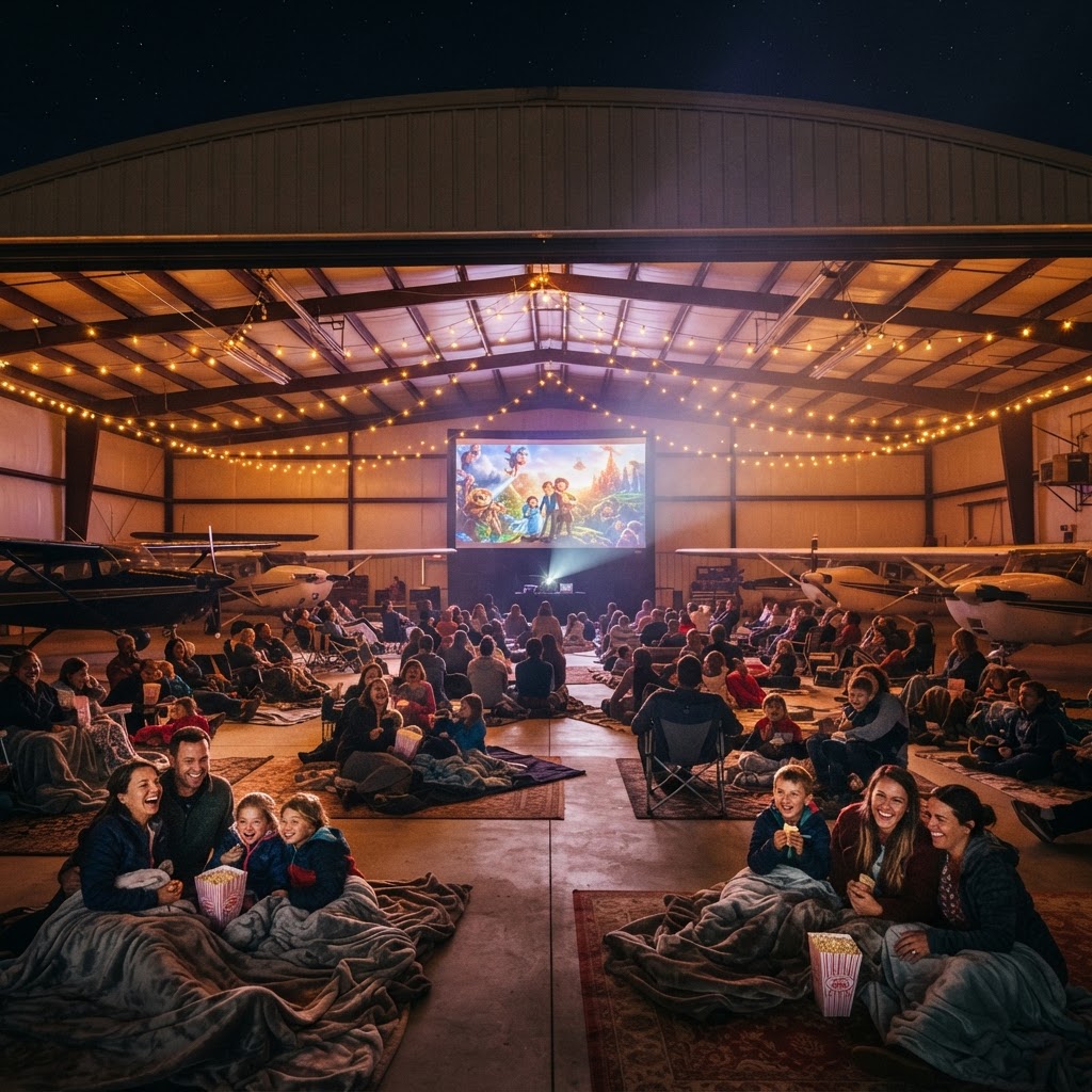 Kids laughing at a big movie screen inside a hangar at night