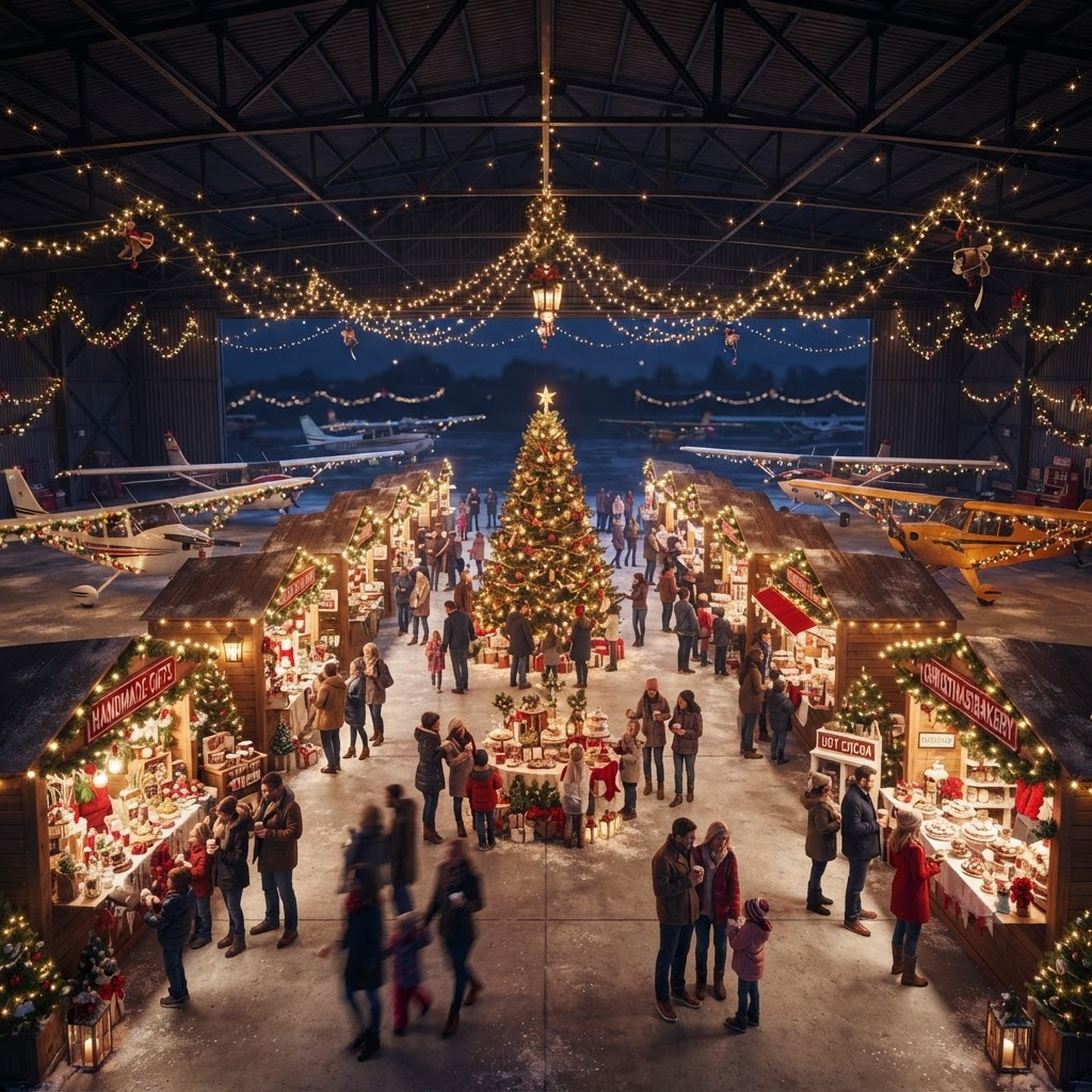 Vendors, twinkling lights, and Christmas trees inside a hangar at night