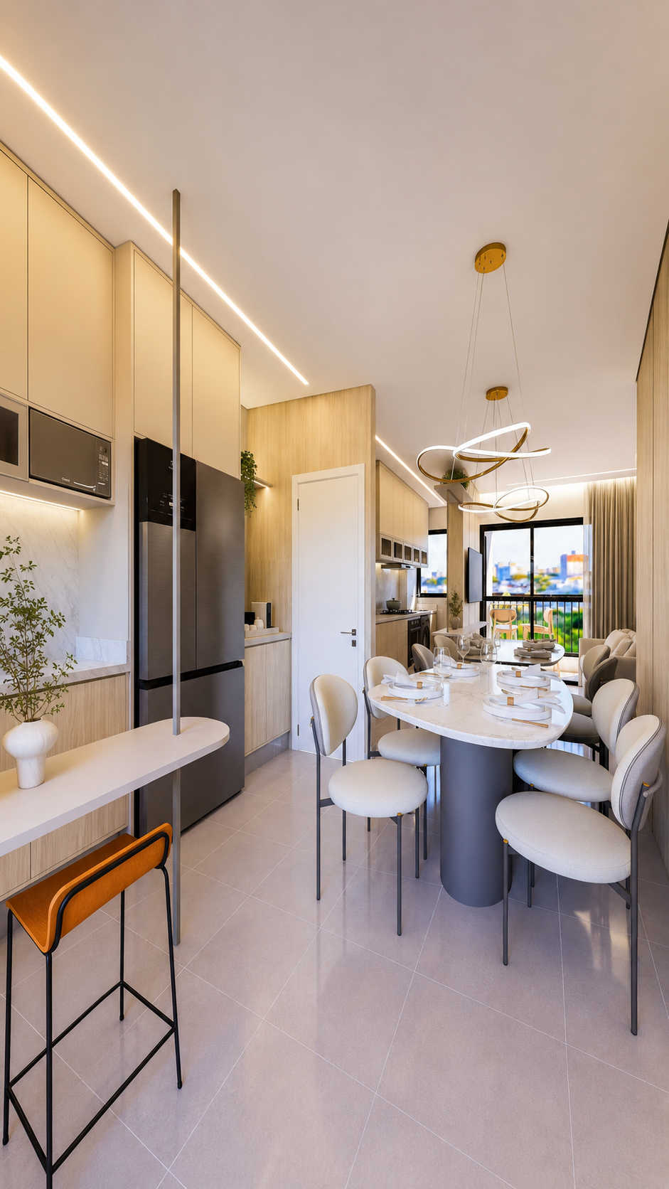Sala de jantar com cozinha integrada