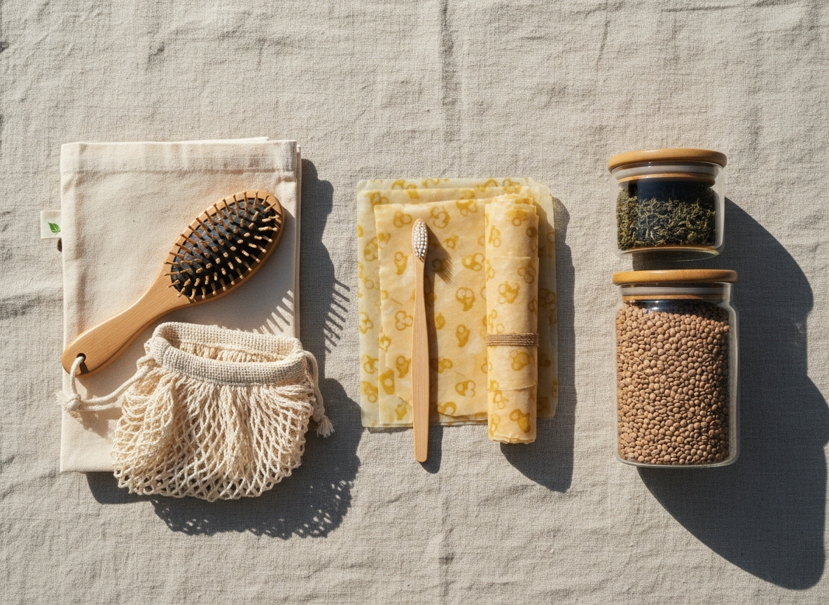 Eco-friendly product alternatives laid out on natural linen