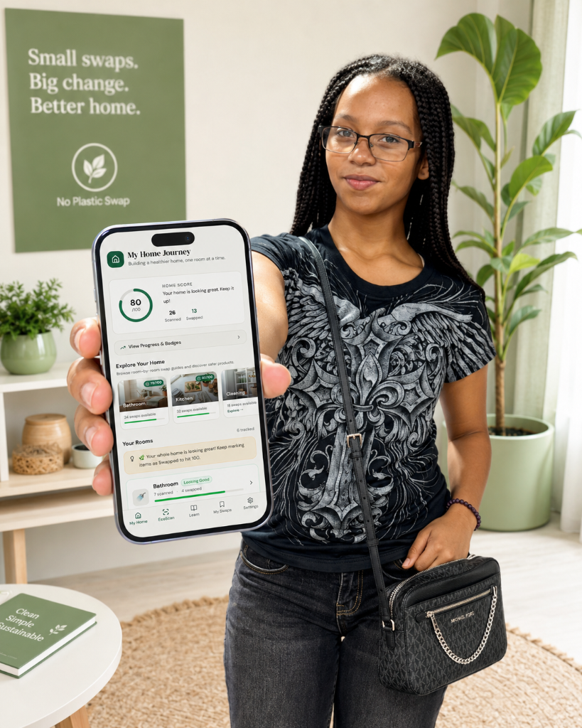 Aubrey Scott holding No Plastic Swap app