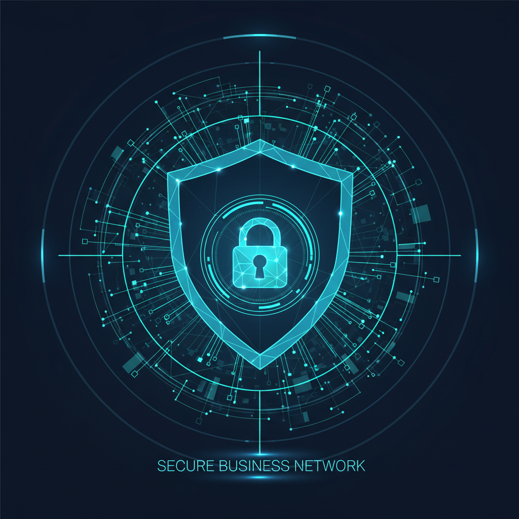 Cybersecurity shield protecting business network from digital threats