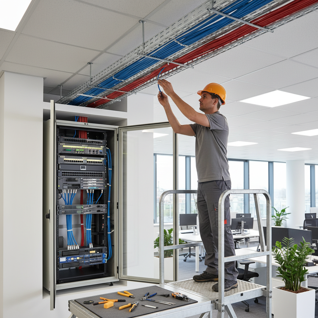 Network technician installing low voltage cabling and network infrastructure