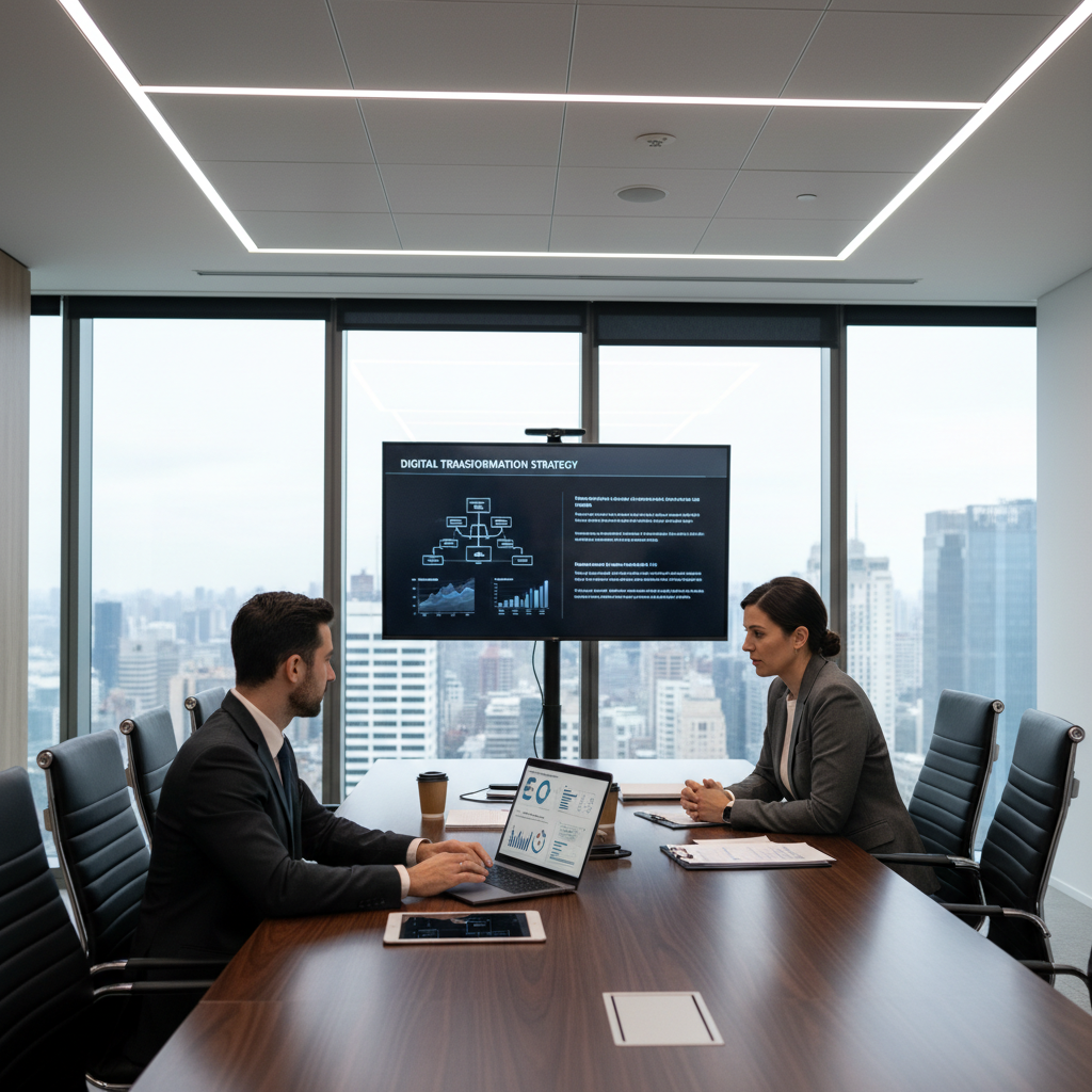IT consultant reviewing technology strategy in a modern office