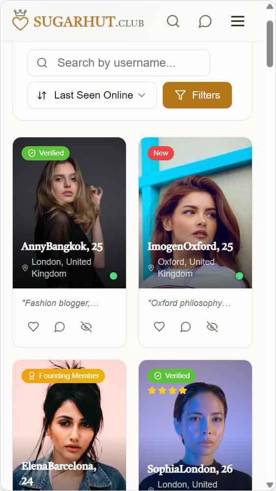Browse verified profiles on SugarHut - app screenshot showing member cards with ratings and verification badges