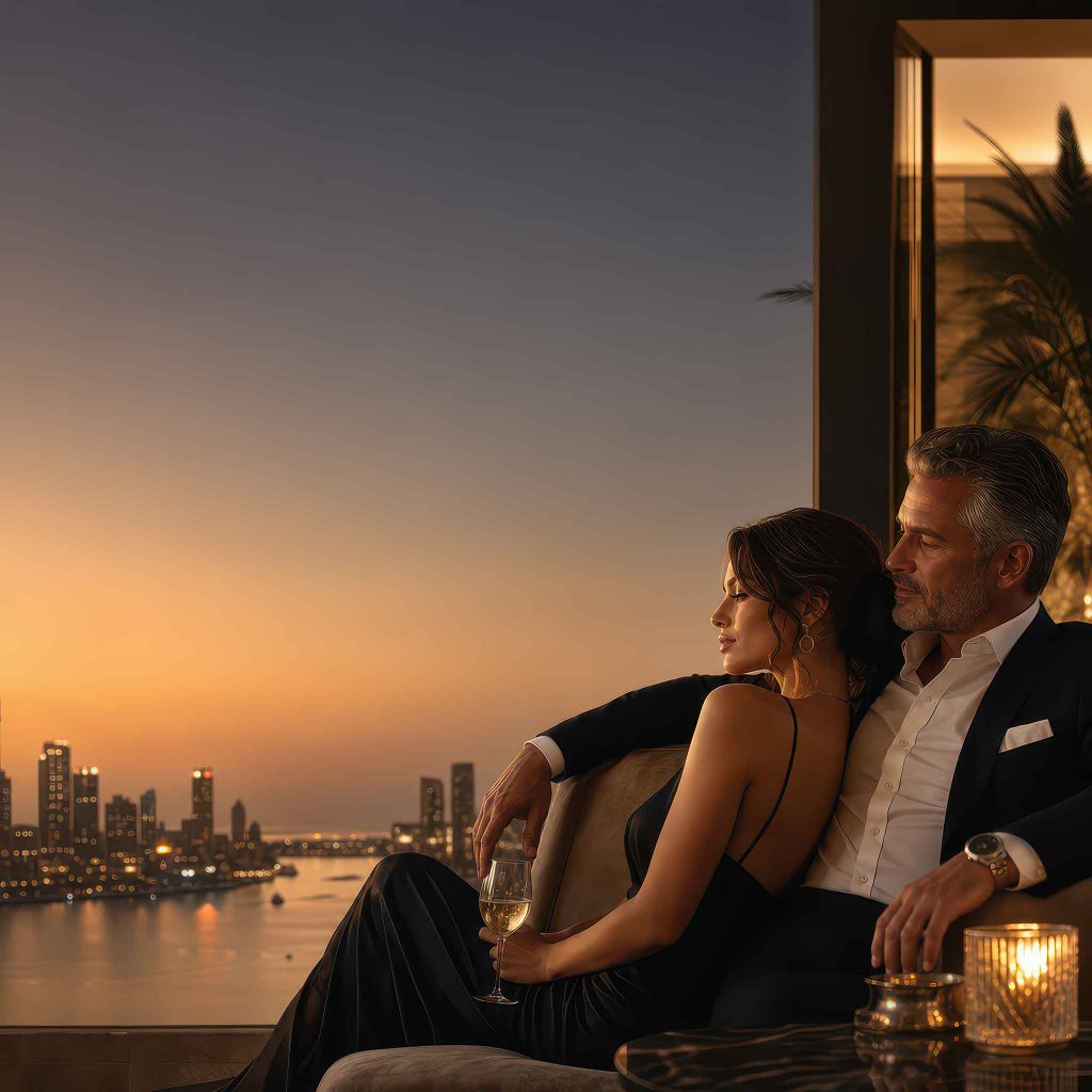 Elegant couple enjoying sunset by city skyline with champagne