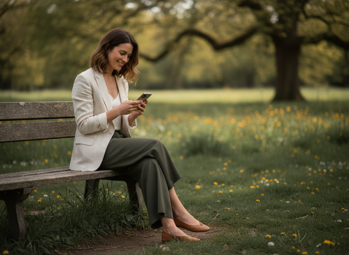 Person smiling at phone in a peaceful park setting
