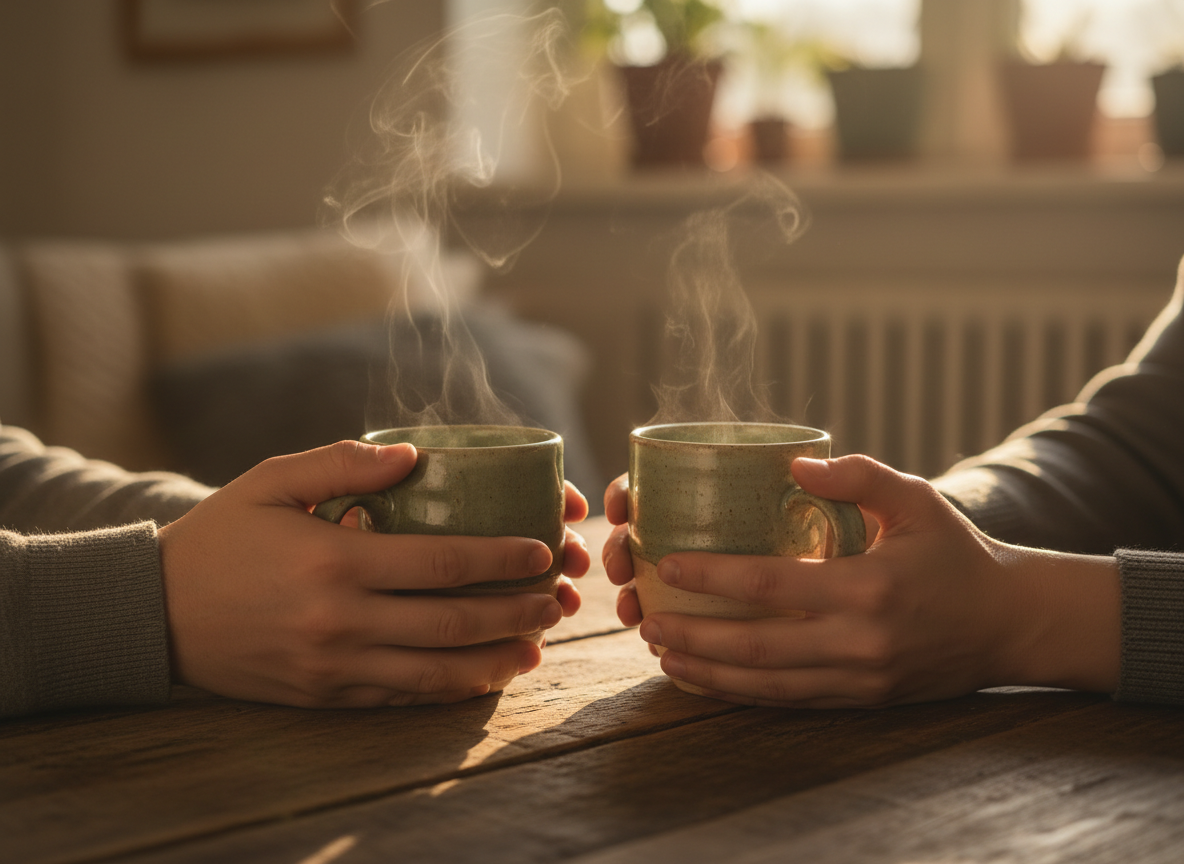 Two hands holding warm ceramic mugs, symbolizing connection