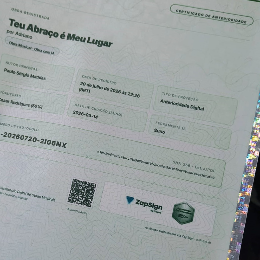 Certificado de Anterioridade Neuro Labs com QR de autenticidade e selo holográfico