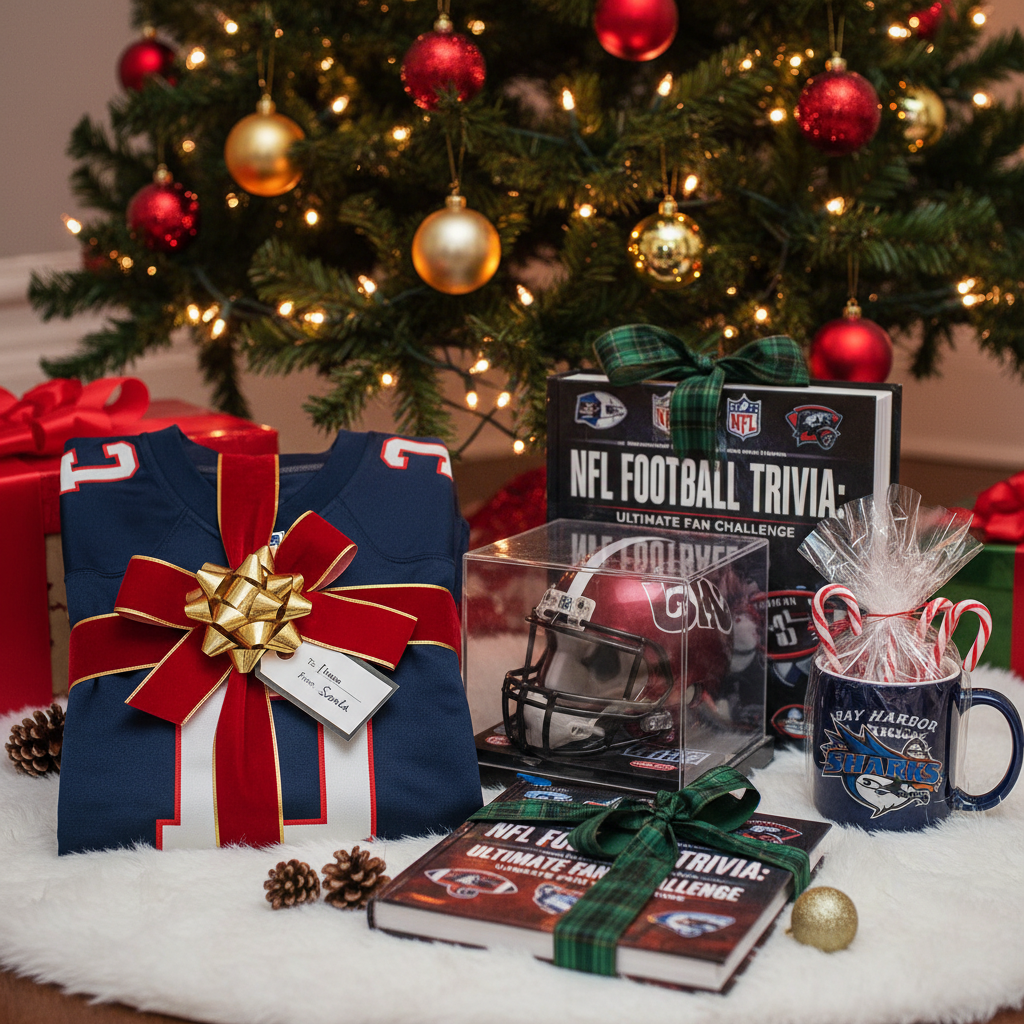 Christmas football gift wrapped under tree - NFL jersey and helmet with holiday bow