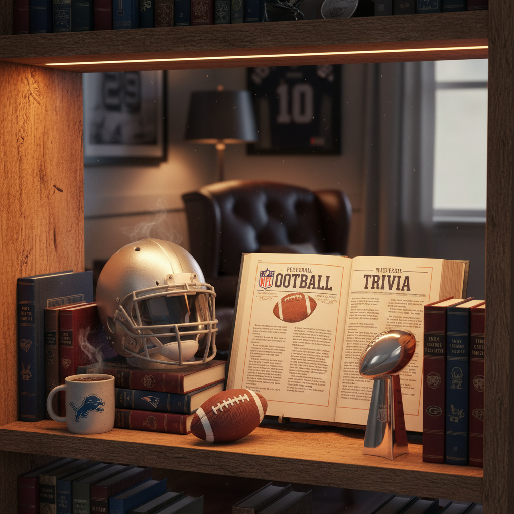 NFL football trivia and collector books on bookshelf with helmet and mug - man cave decor