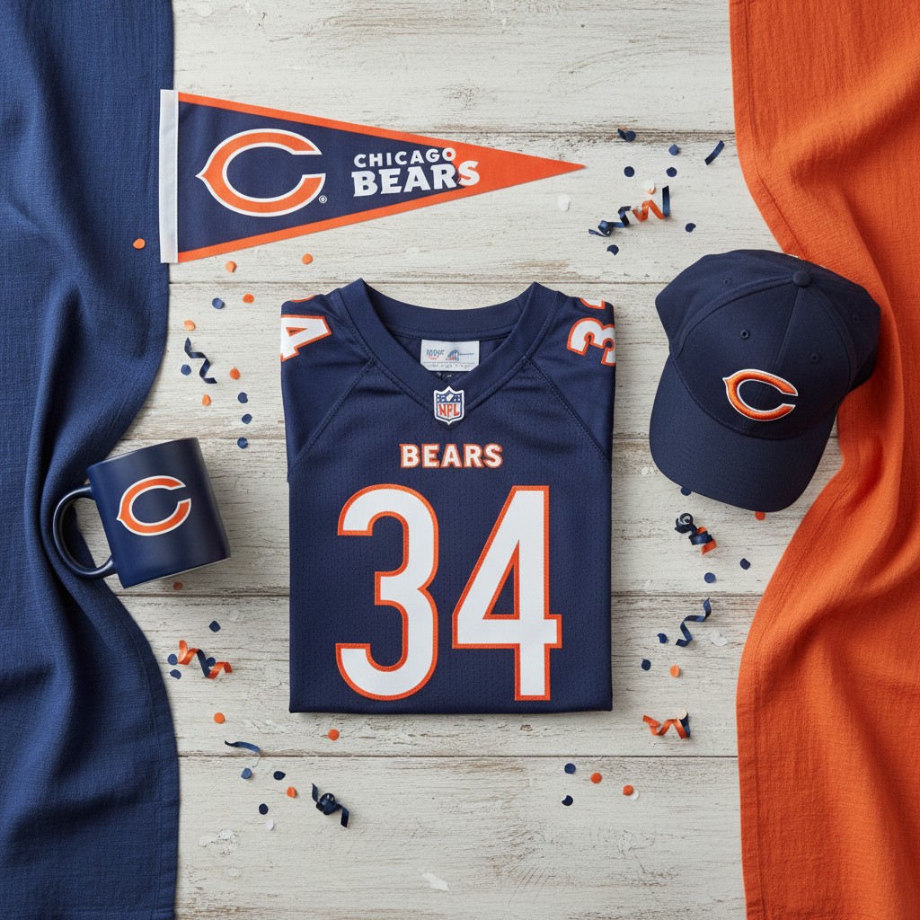 Chicago Bears gifts flat lay - navy and orange jersey, mug, pennant, and cap