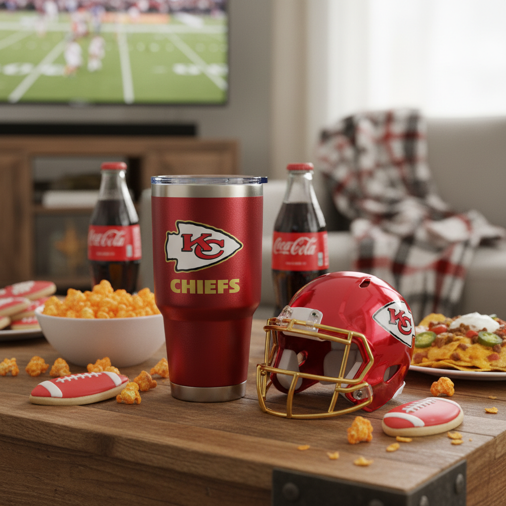Chiefs red and gold insulated tumbler and mini helmet collectible game day setup