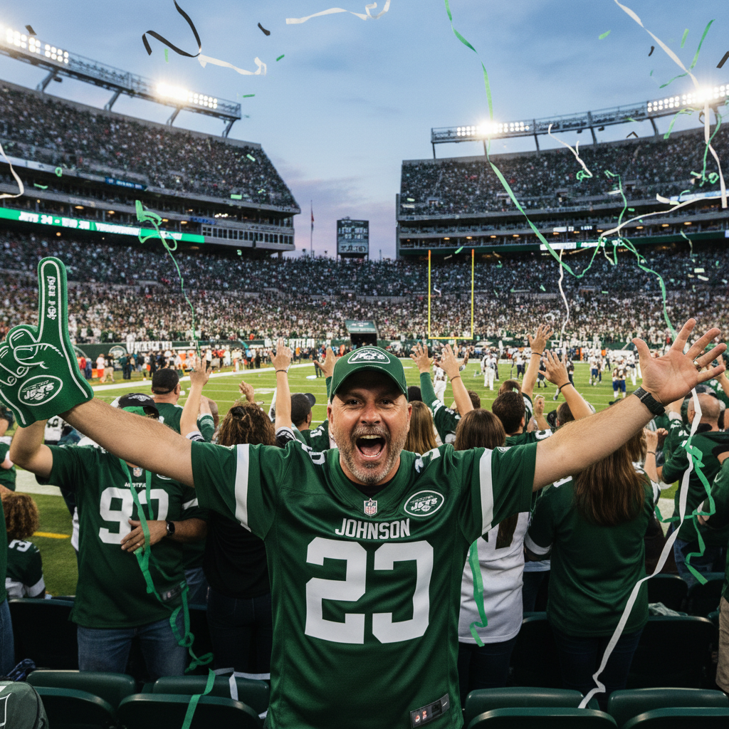 New York Jets fan celebrating touchdown wearing green jersey at MetLife Stadium