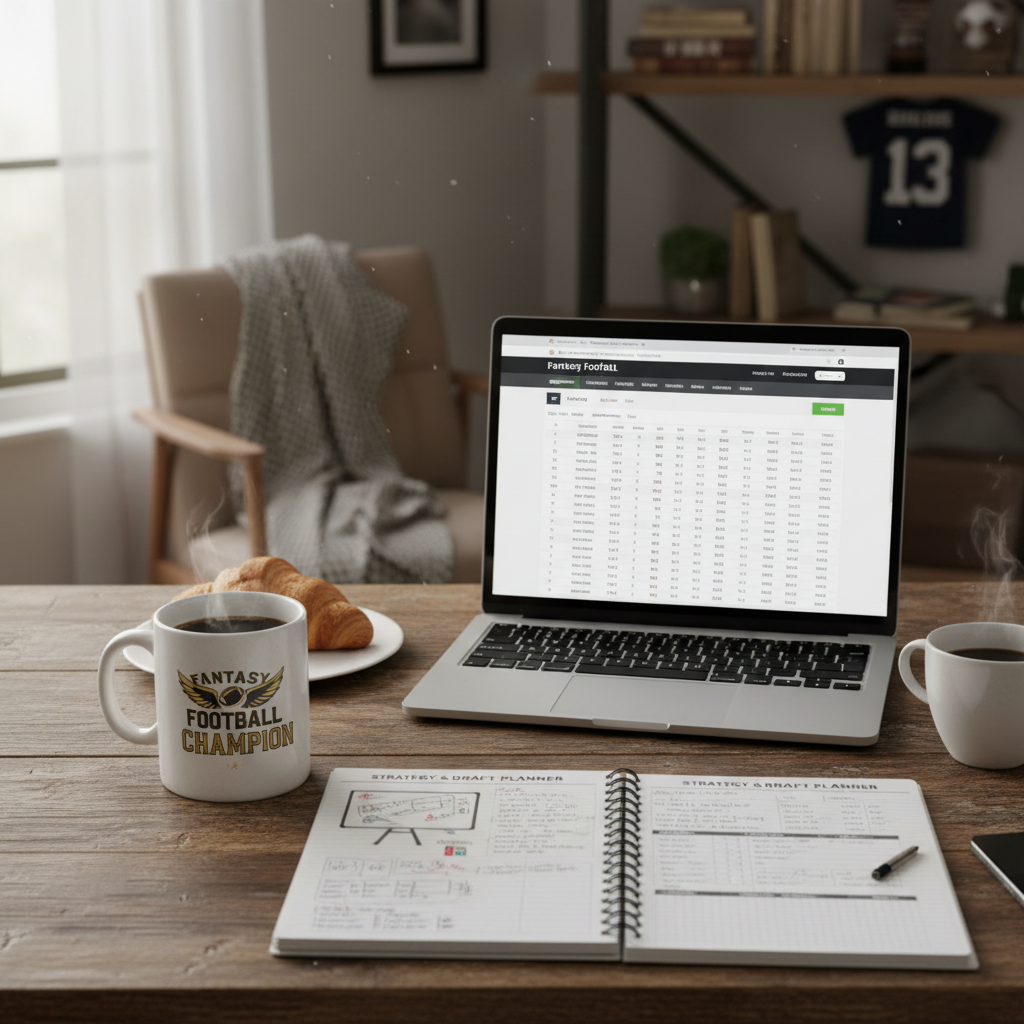 Fantasy football coffee mug and strategy planner notebook on desk with laptop