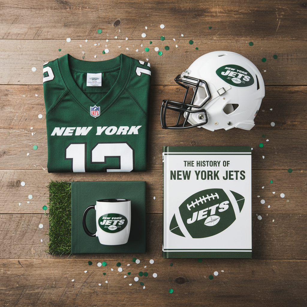 New York Jets football gifts flat lay - green and white jersey, helmet, mug, and collector book