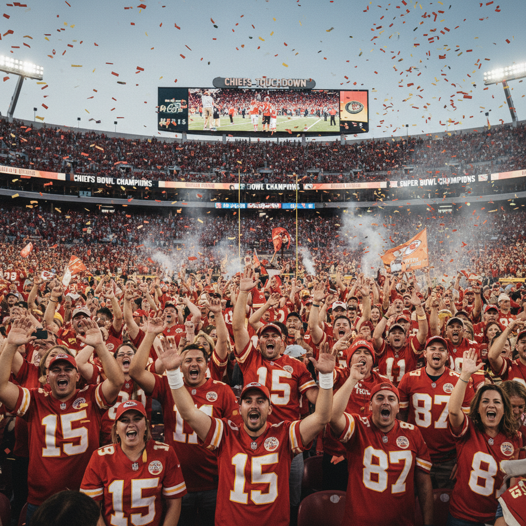 Kansas City Chiefs fans celebrating touchdown at Arrowhead Stadium