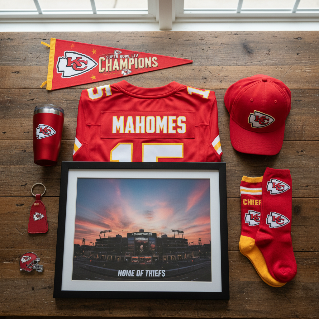 Kansas City Chiefs gifts flat lay - red and gold jersey, cap, and Arrowhead print