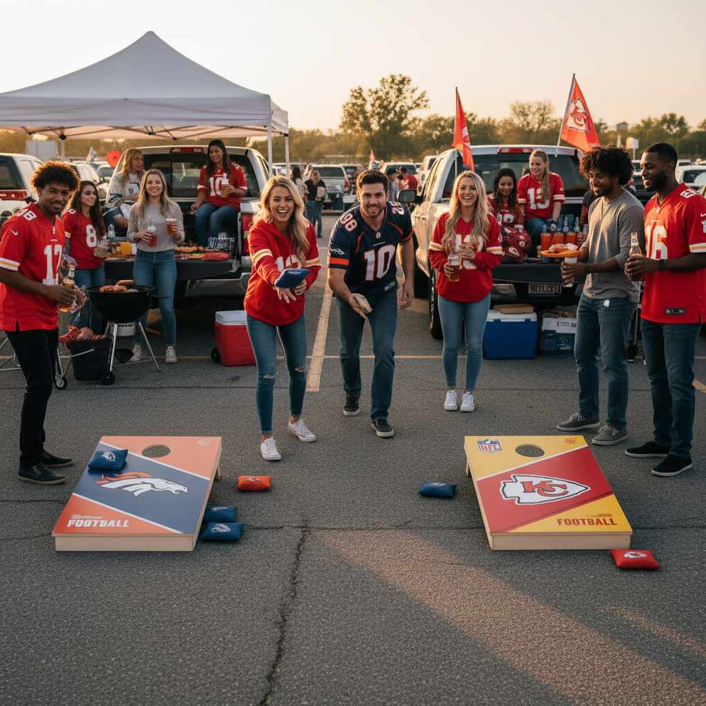 Friends playing cornhole bean bag toss at NFL football tailgate party