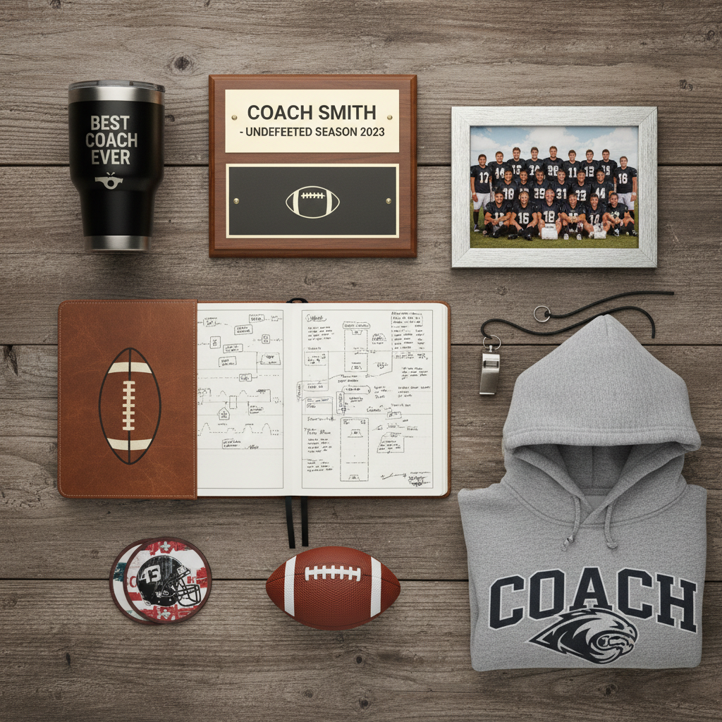 Football coach gifts flat lay - personalized plaque, engraved tumbler, and playbook notebook