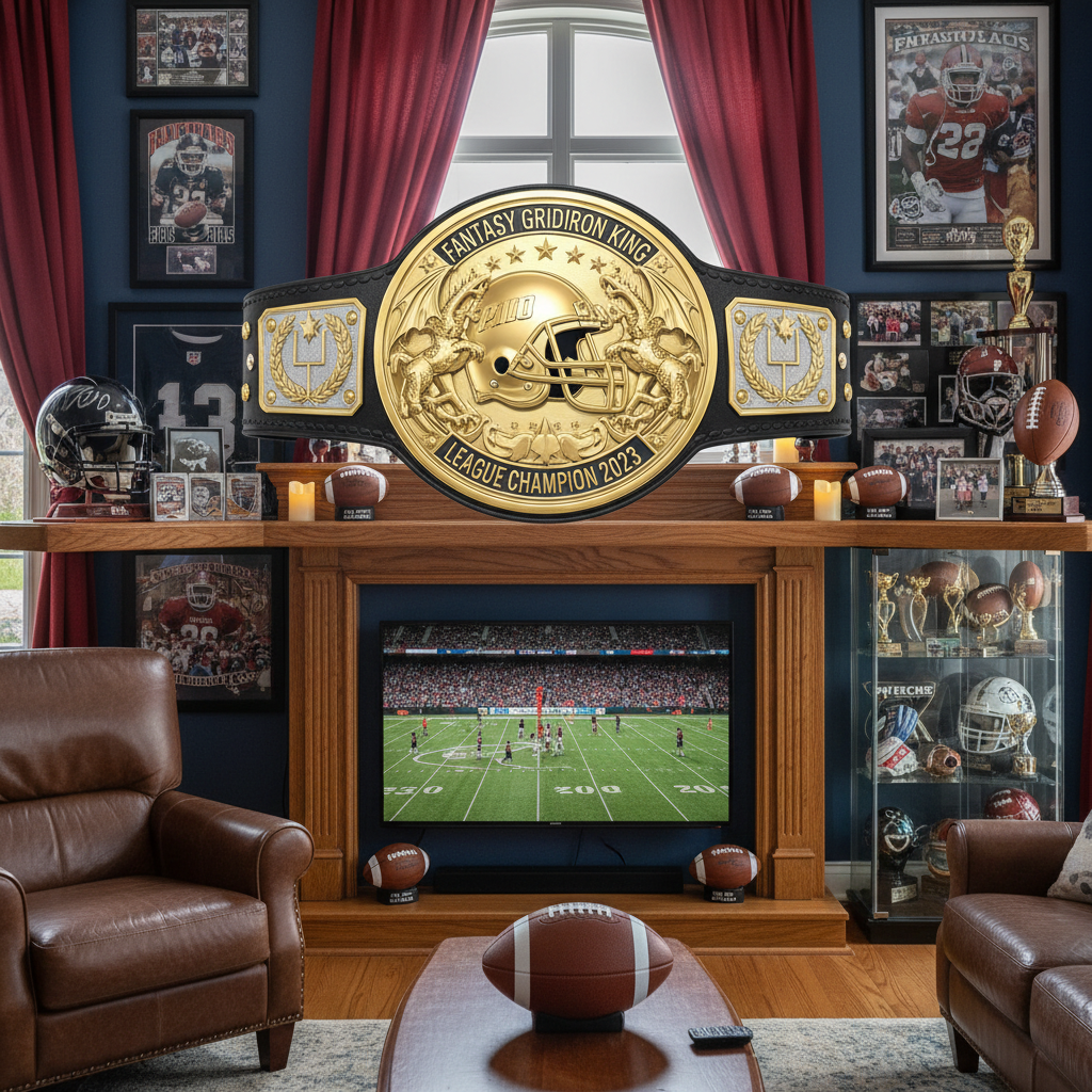 Fantasy football championship belt trophy displayed on mantle with memorabilia