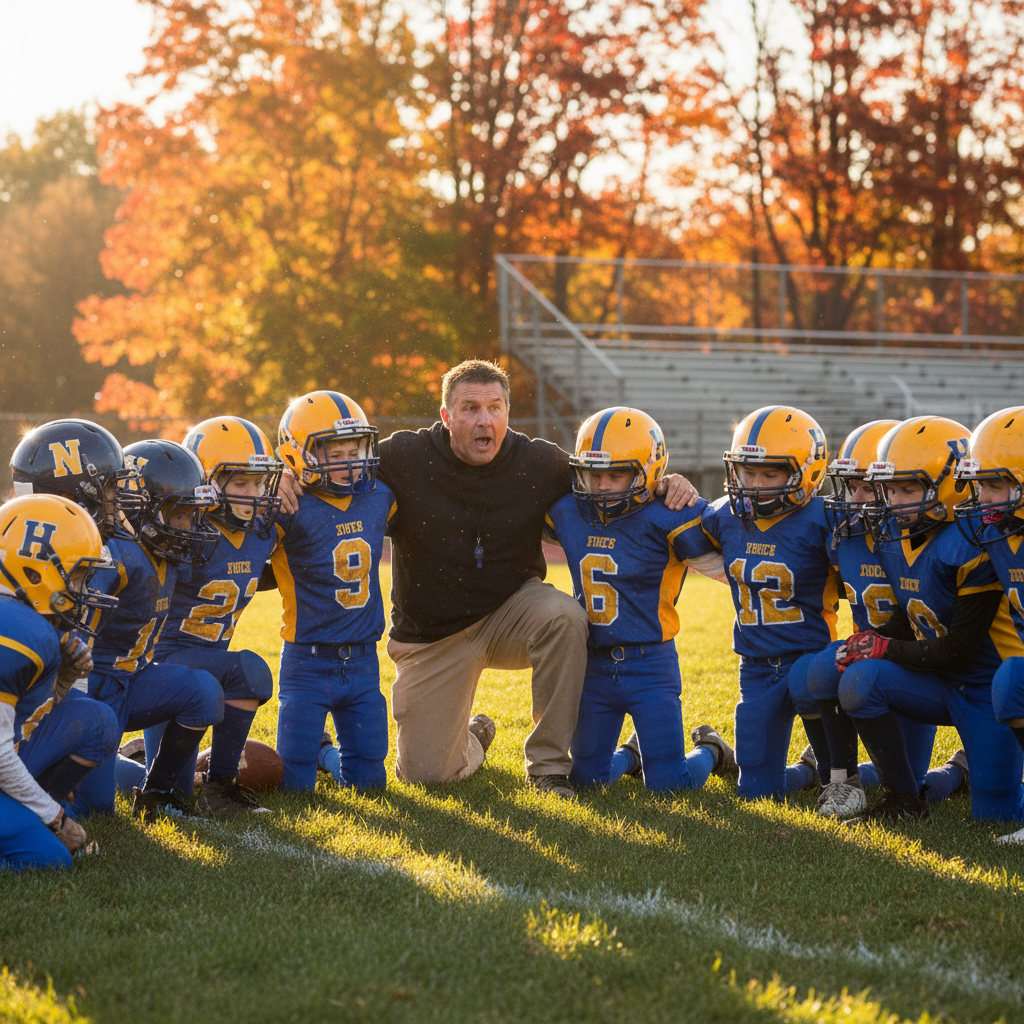 Youth football team huddle with coach in golden hour lighting - football coaching moment