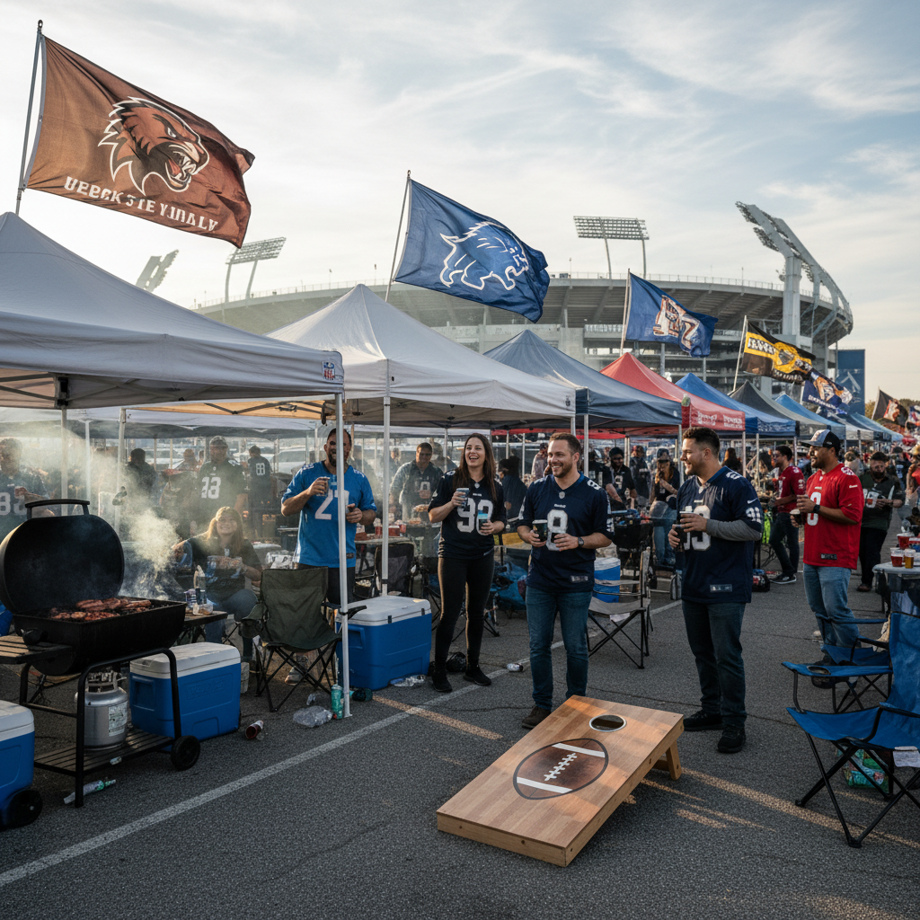 NFL tailgate party setup in stadium parking lot with grills, flags, and cornhole game