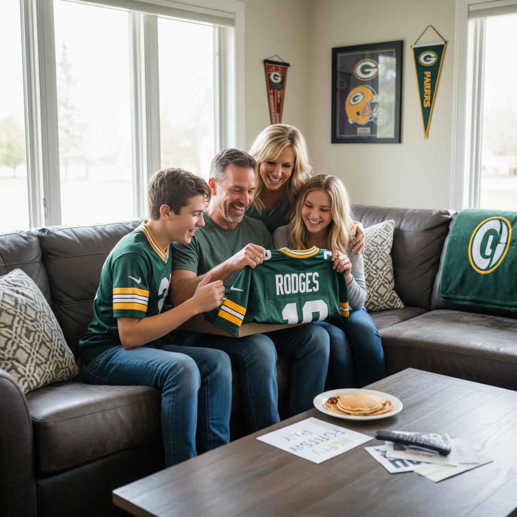 Dad opening NFL football jersey gift on Father's Day with big smile
