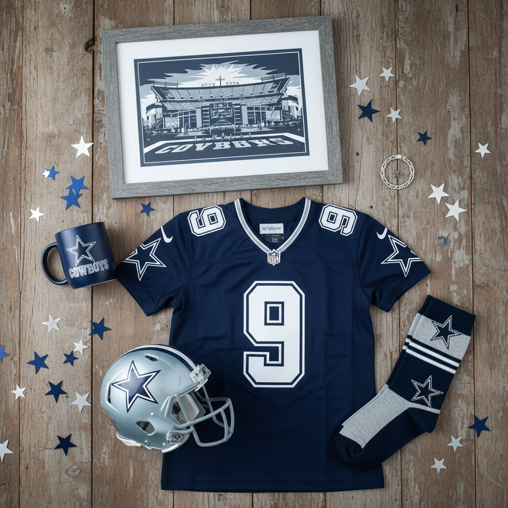 Dallas Cowboys gifts flat lay - navy and silver jersey, mug, helmet, and AT&T Stadium print