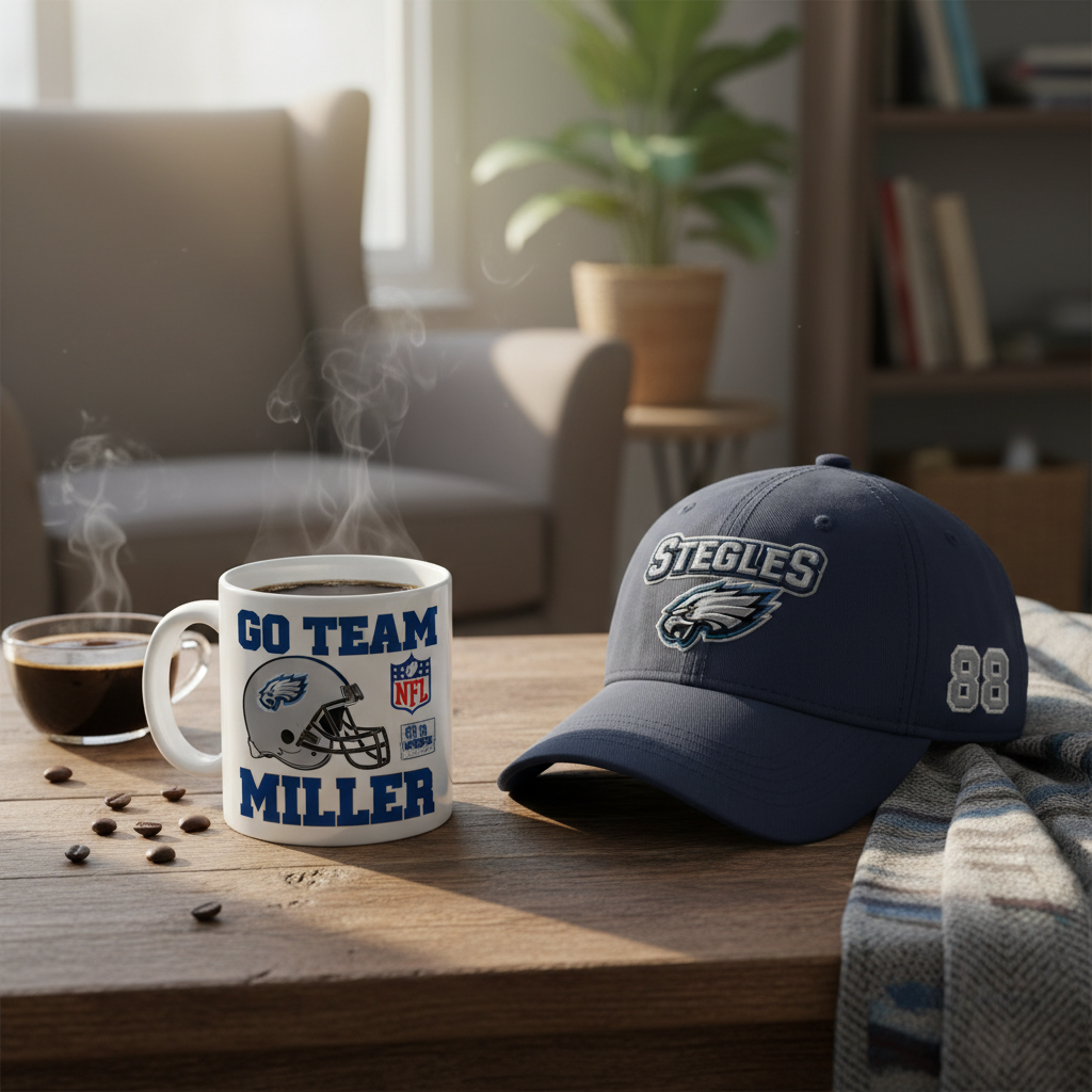 Personalized NFL football mug and team cap on wooden table - perfect football gift for dad