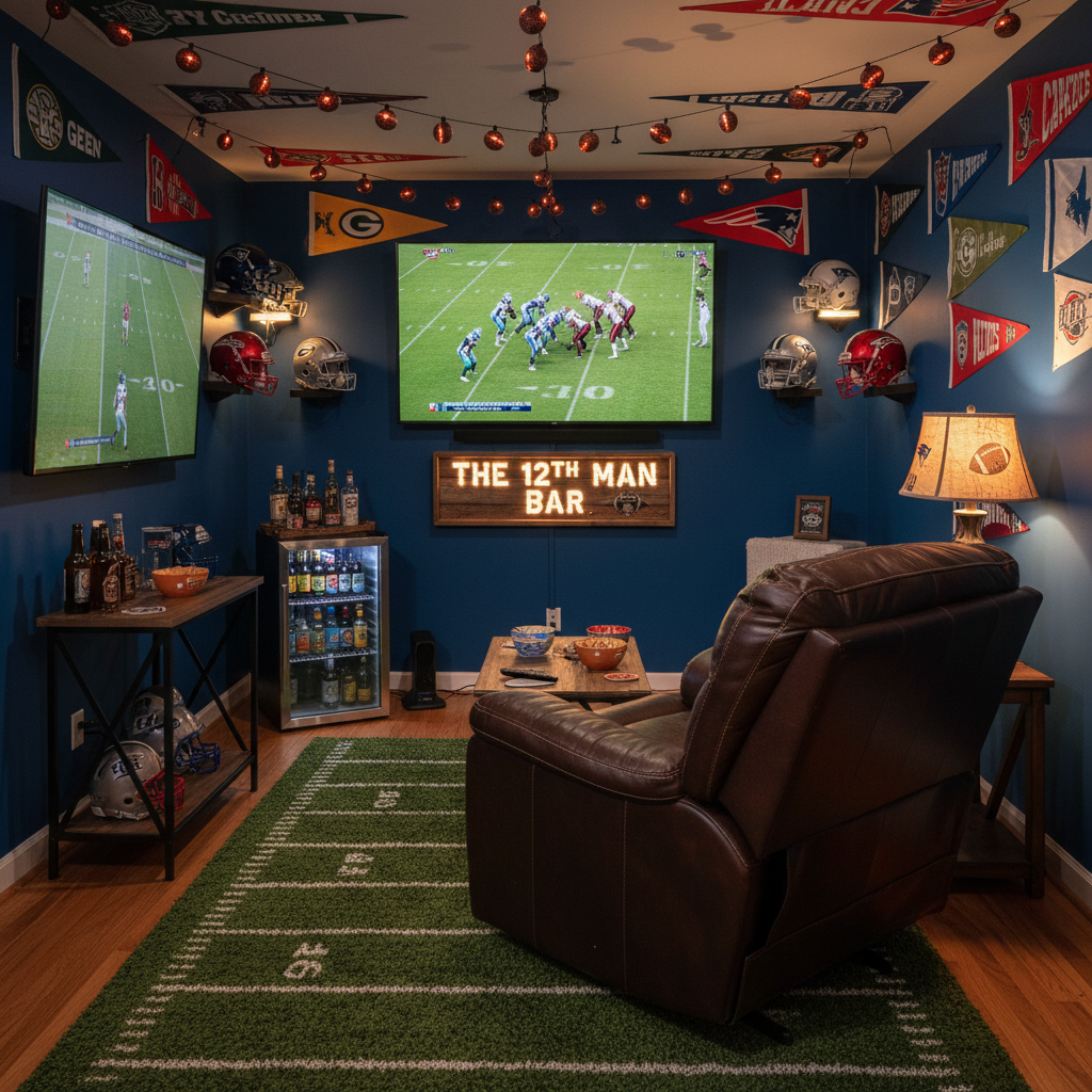 NFL man cave with team memorabilia, recliner, large TV and pennants - football dad's dream room