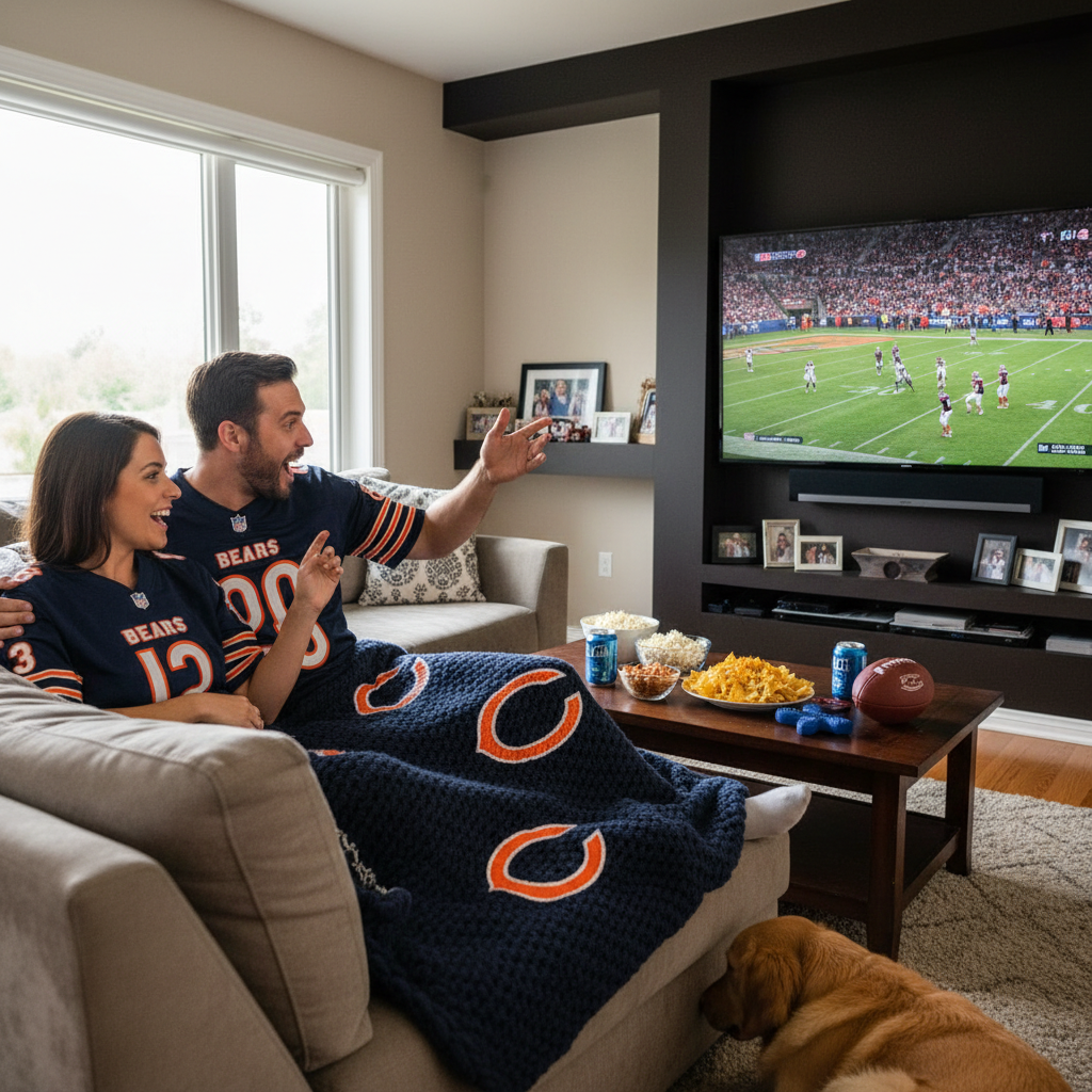 Chicago Bears fan couple watching game in living room wearing navy jerseys