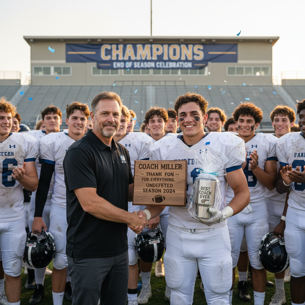 Football coach receiving personalized plaque gift from team players at end of season