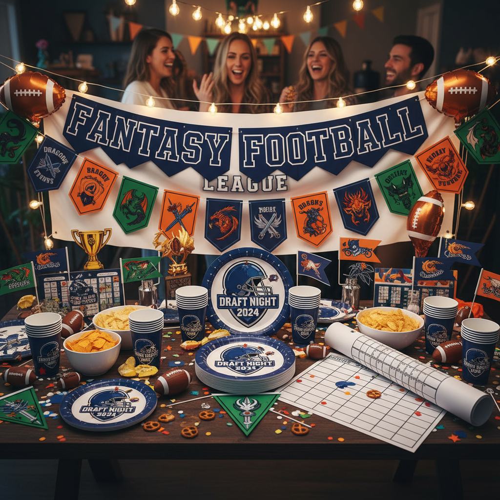 Fantasy football draft party pack supplies - cups, plates, and team decorations