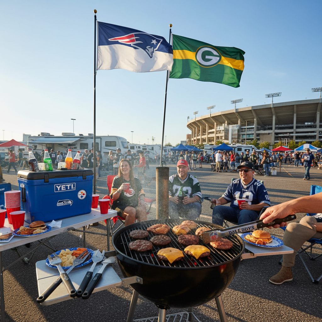 Tailgate BBQ grill with NFL team flags and team-branded BBQ tools game day setup