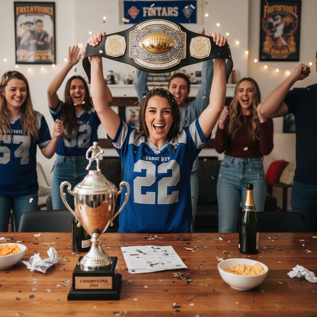 Fantasy football champion holding trophy belt in celebration - league winner