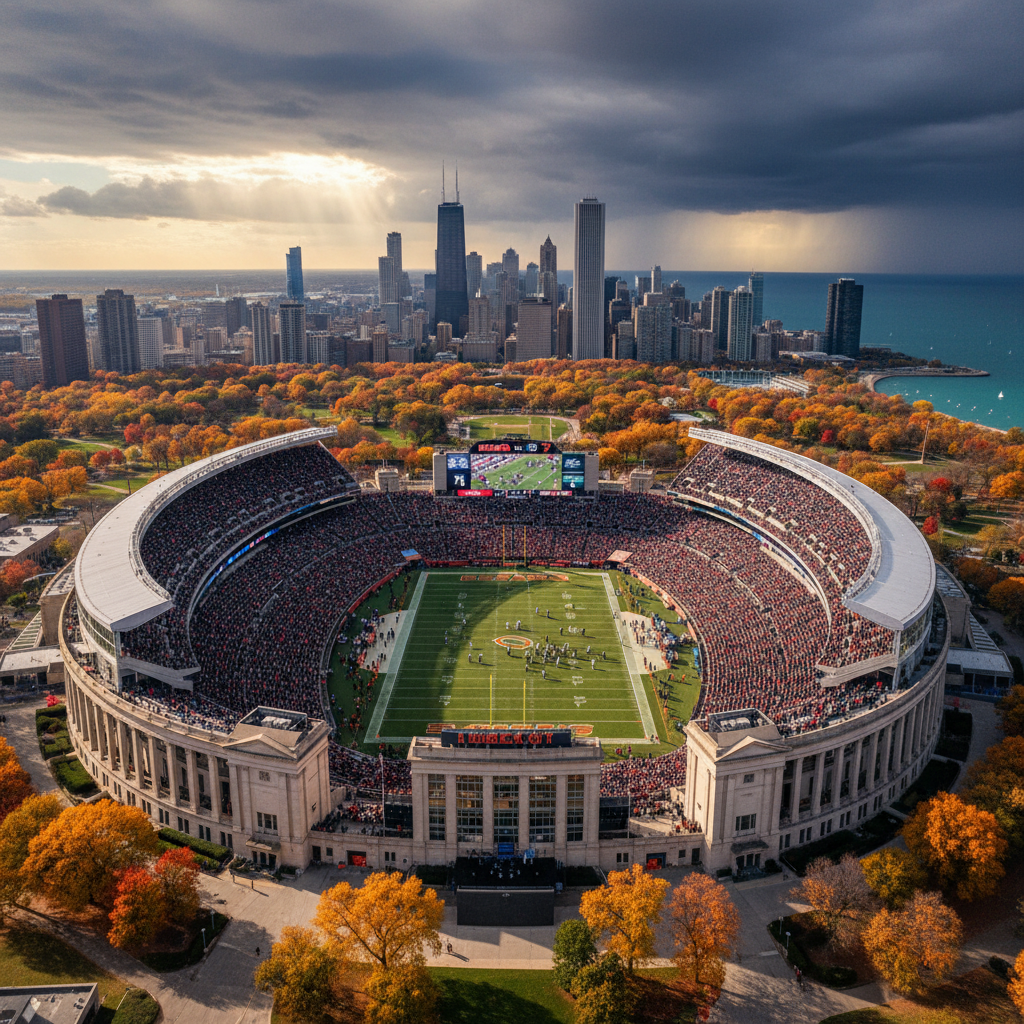 Soldier Field Chicago Bears stadium aerial view in autumn - iconic NFL architecture