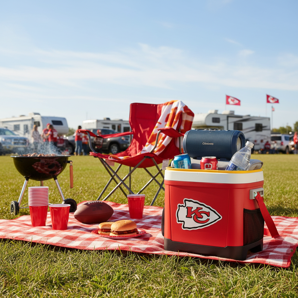 Bluetooth speaker and NFL team insulated cooler bag with drinks at tailgate