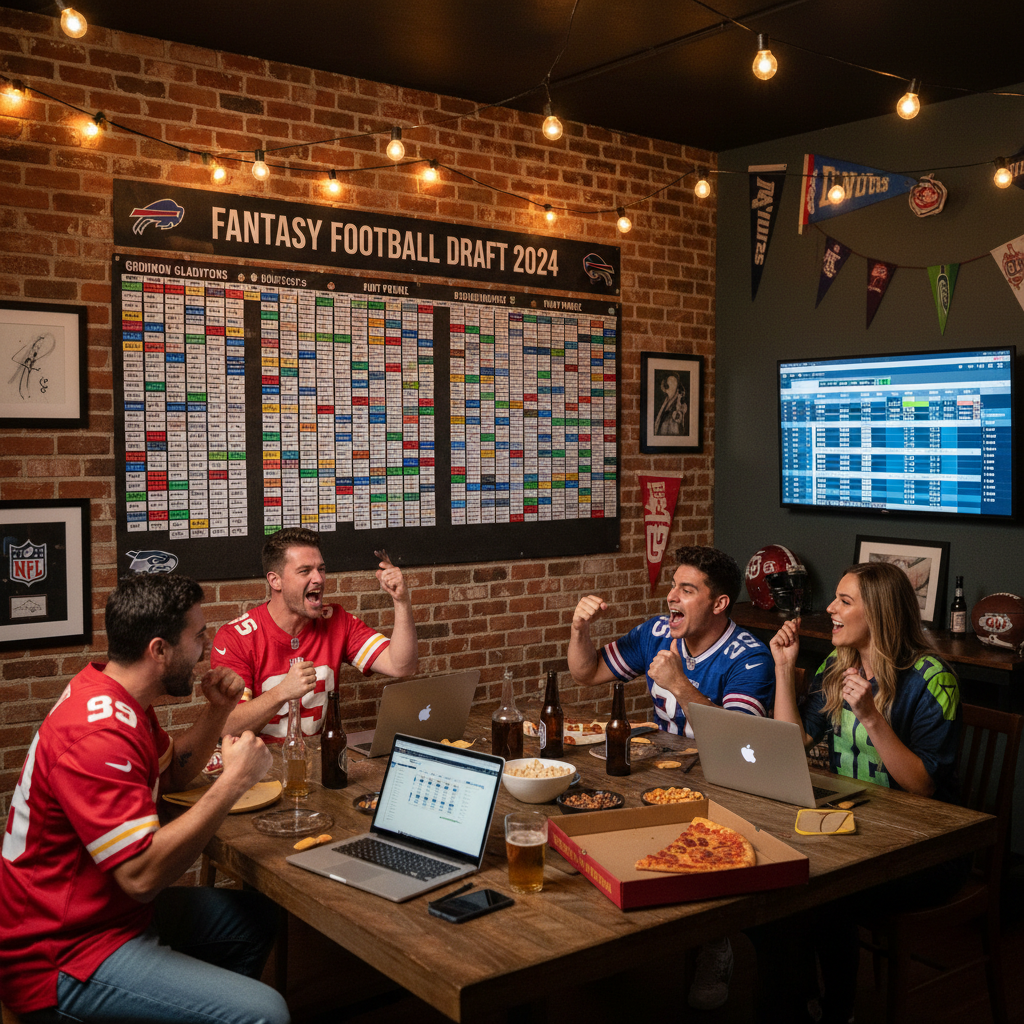 Fantasy football draft party with magnetic draft board and friends in jerseys