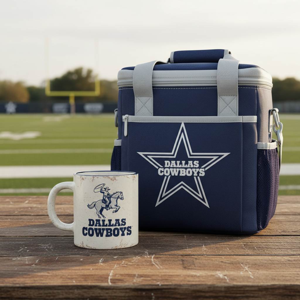 Cowboys vintage mug and tailgate cooler bag with Dallas Cowboys branding